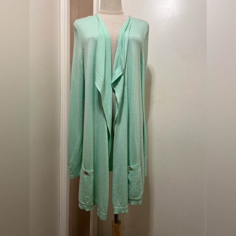 Dana Buchman Women's Green Open Front Waterfall Cardigan Sweater Size XL Pockets